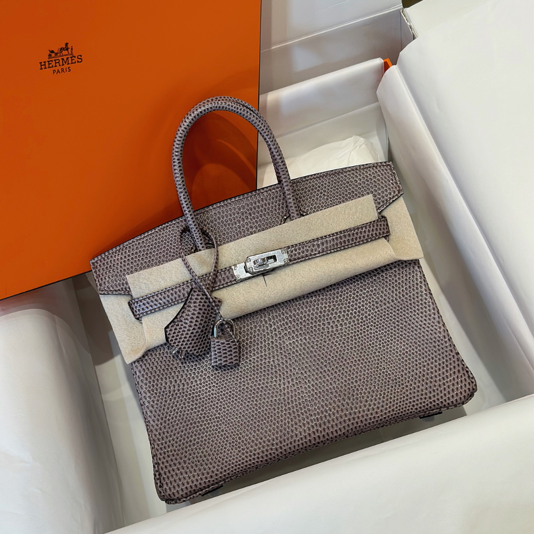 Hermes Birkin 25 Tris Fonce Lizard Like Auth Handbags With Lock Silver 25cm