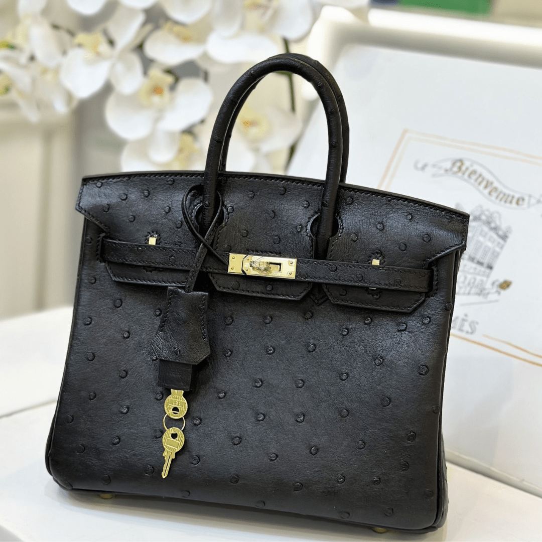 Hermes Birkin Ostrich Leather Fake Handbags Black Lock Gold 25cm