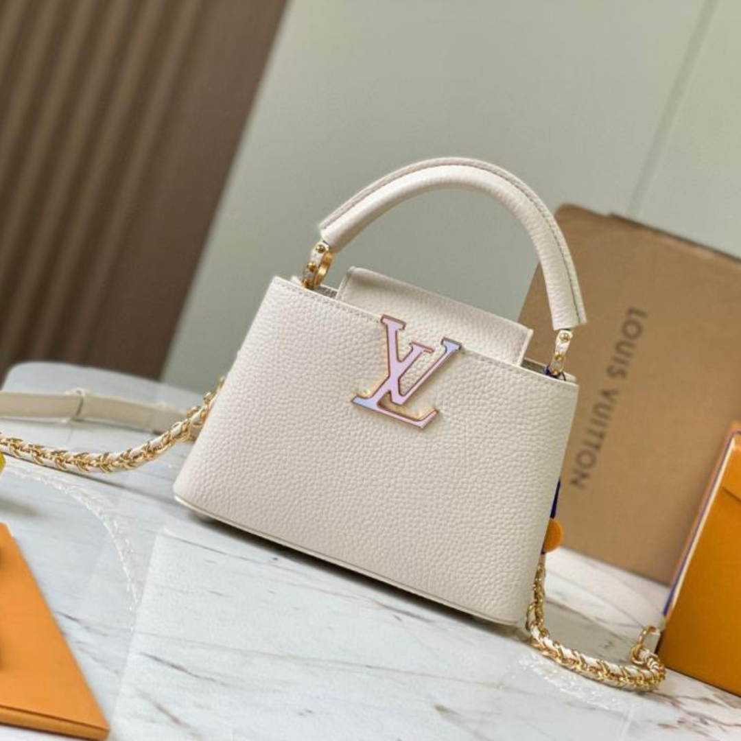 Louis Vuitton LV Capucines Beige Fake Handbags LV Pattern Purple 21cm