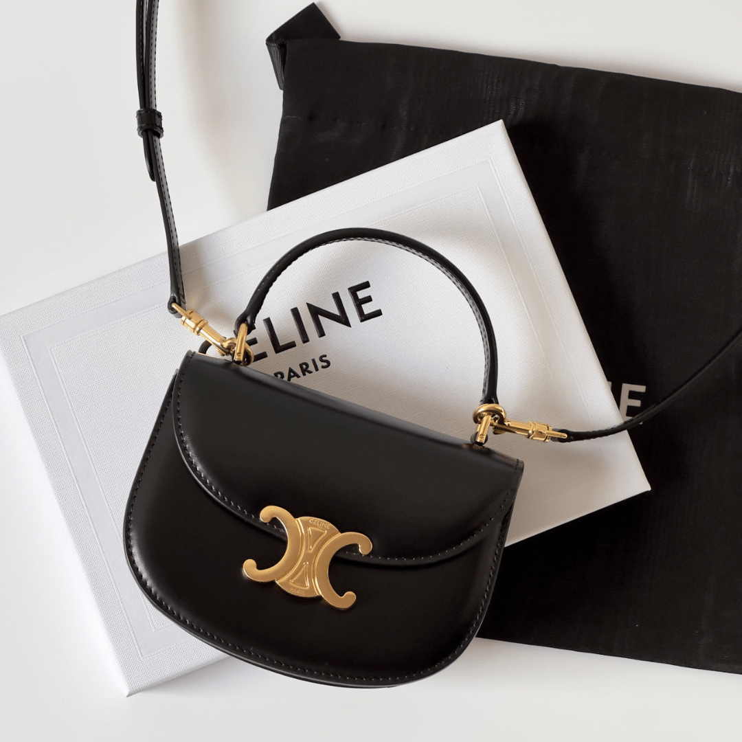 Celine Mini Crossbody Fake Handbag Black Leather Strap Gold Lock 15.5x11cm