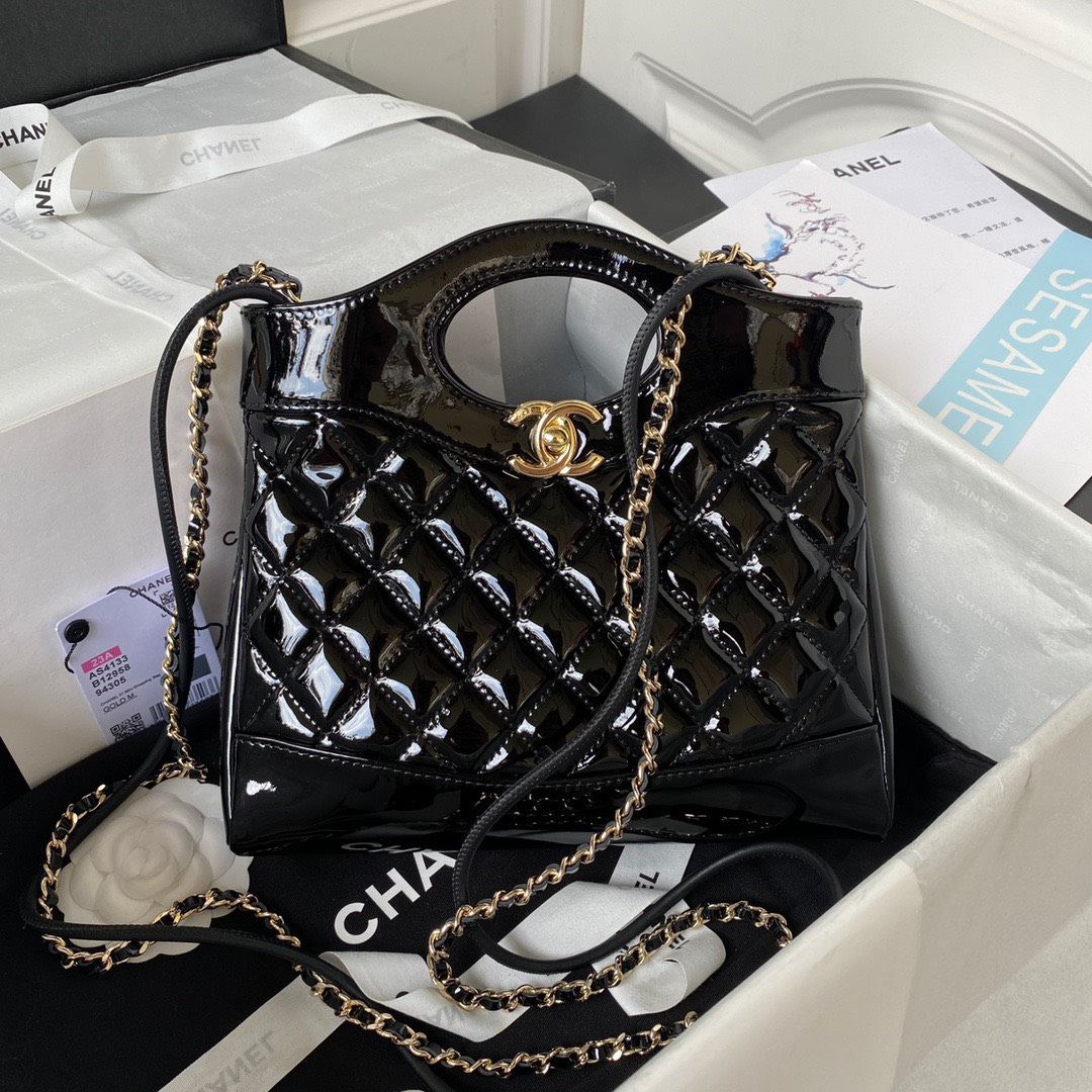 Chanel Mini Shopping Bag Super Fake Handbags Shiny Leather Lock Gold 31cm