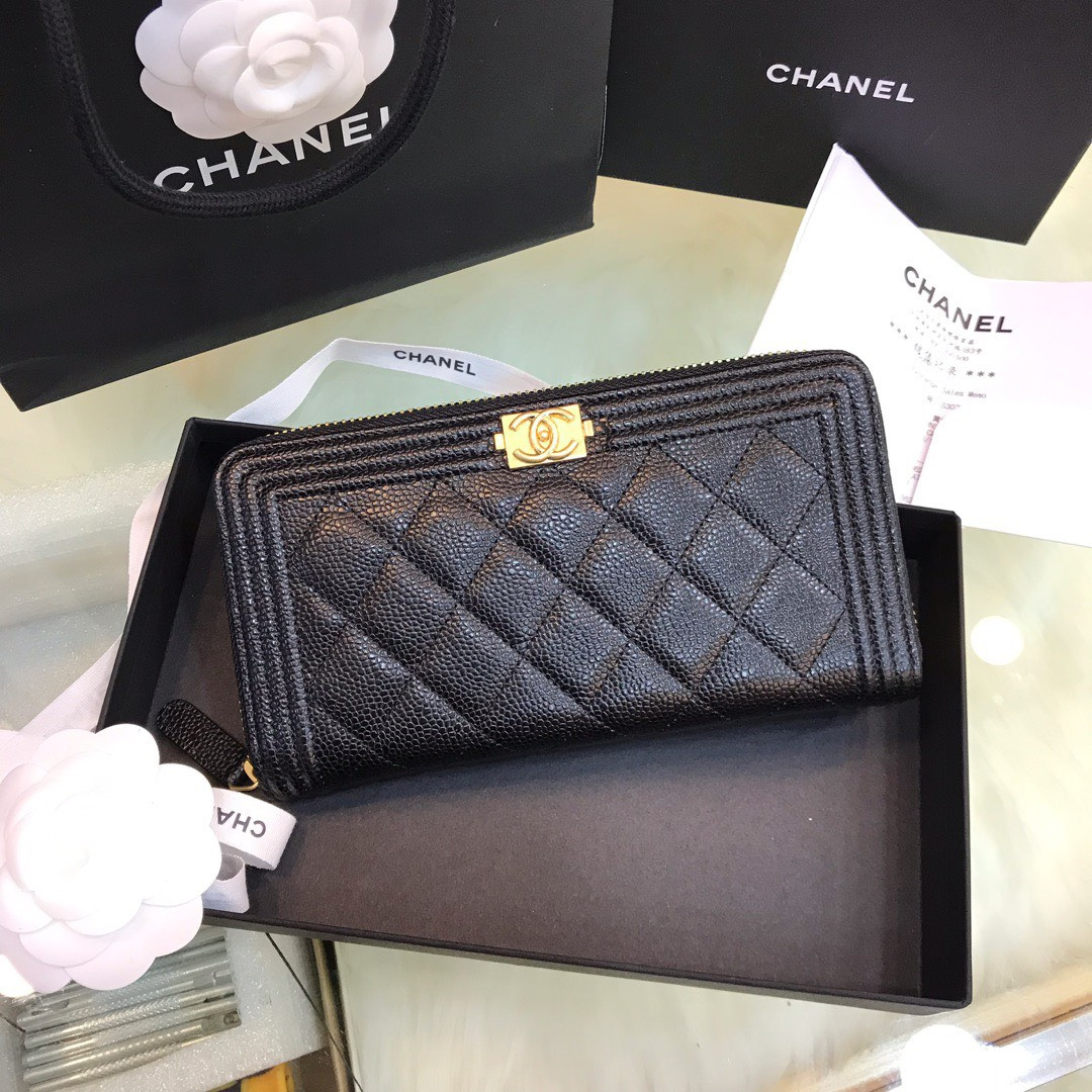 Chanel Wallet Super Fake Black Grained Leather Gold Lock 19×10.5cm