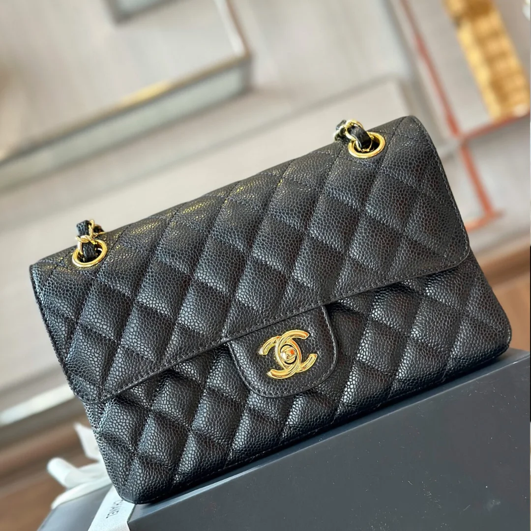 Chanel Classic Super Fake Handbags With Lock Gold Black Leather 23cm