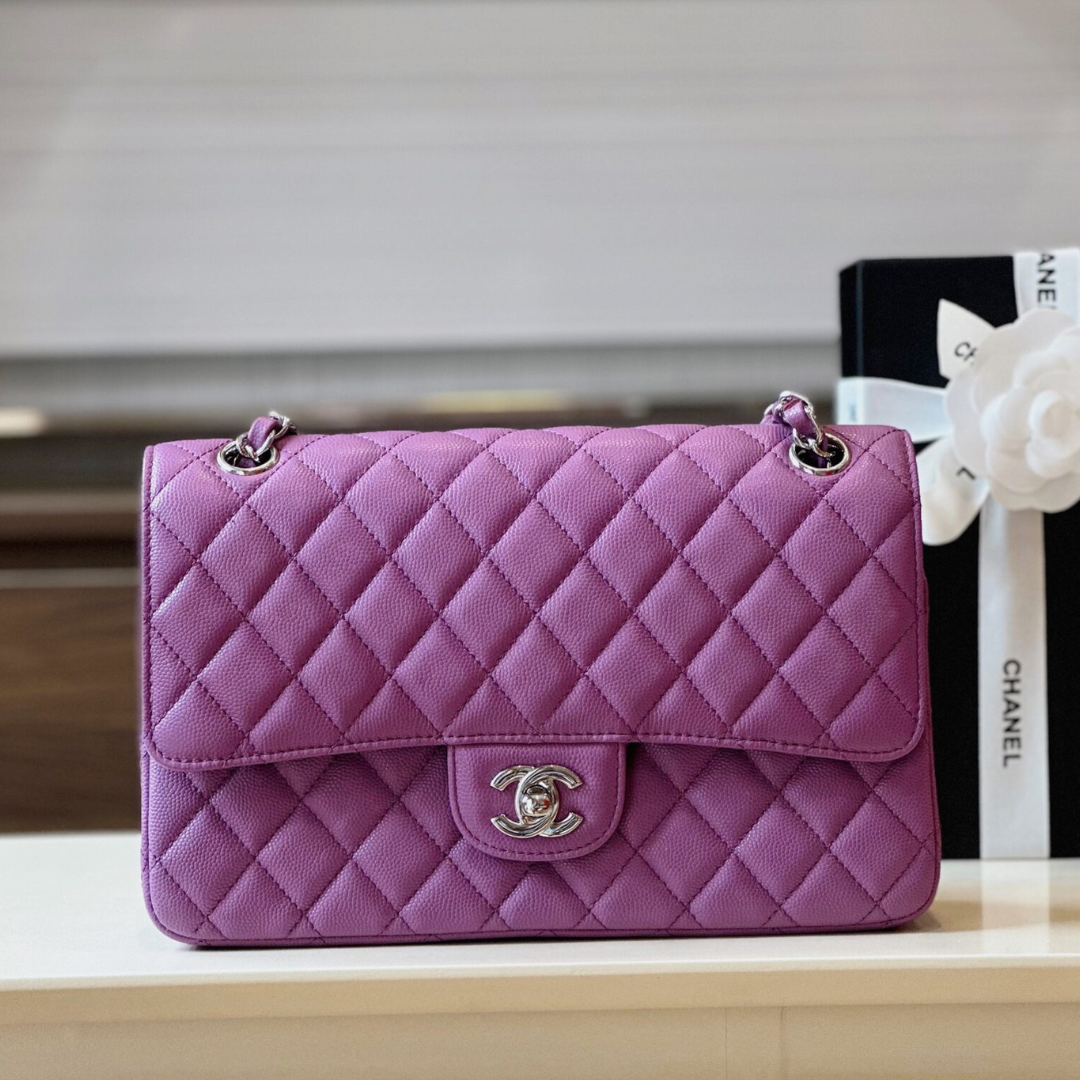 Chanel Classic Super Fake Handbas Woman’s Purple Lock Silver 25cm