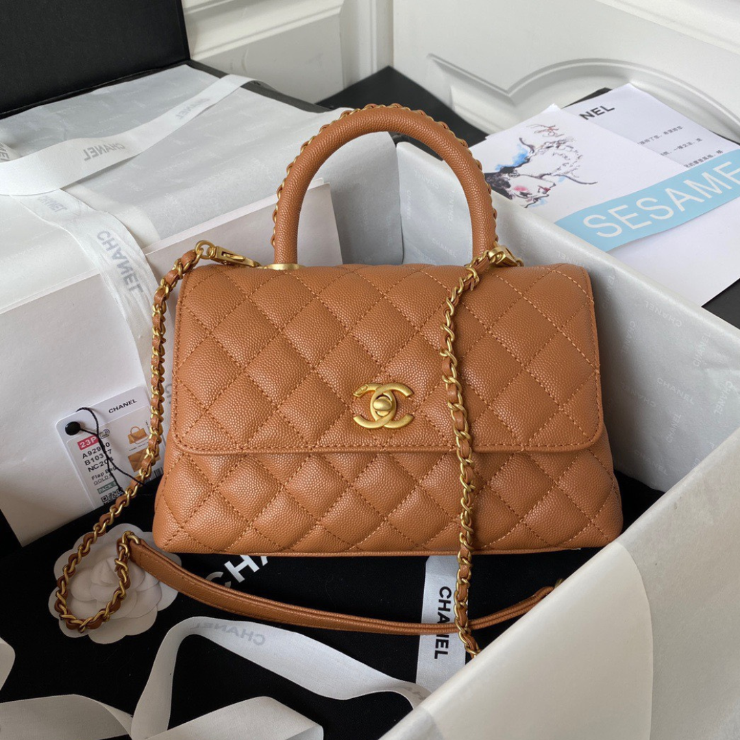 Chanel Coco Brown Leather With Lock Gold Fake Handbags 24cm