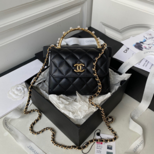 Chanel Woc Pearl Handle Plated Fake Handbags Black Leather With Lock Gold 11.5×14.5×5.5cm