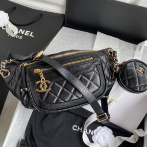 Chanel Bumbag Black Wrinkled Leather Lock Gold Fake Handbags 34x15x6cm